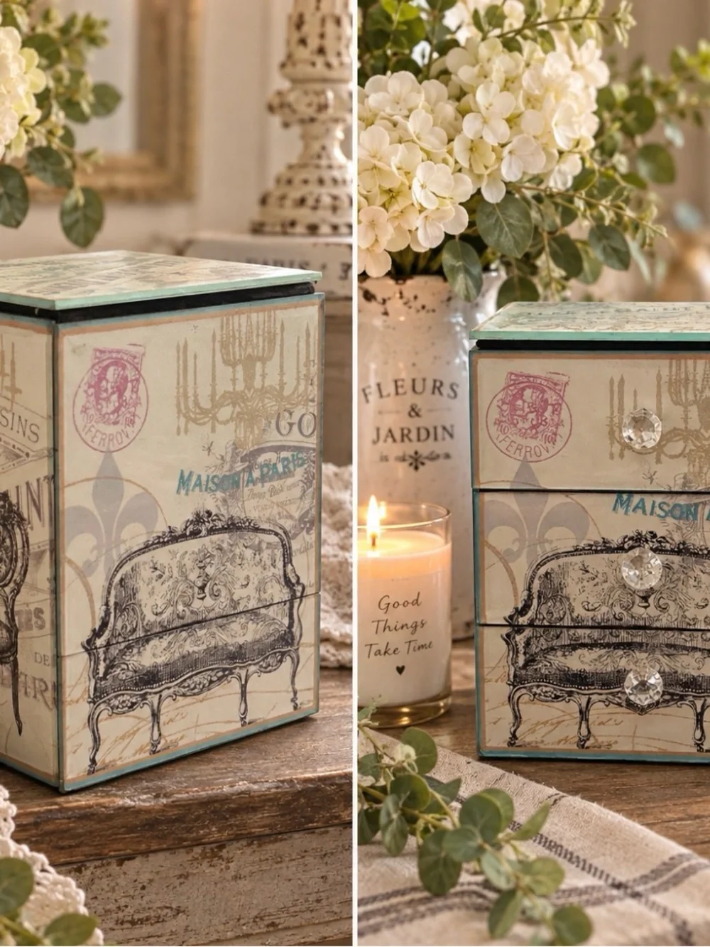 Vintage-Inspired Paris Jewelry Chest with Crystal Knobs